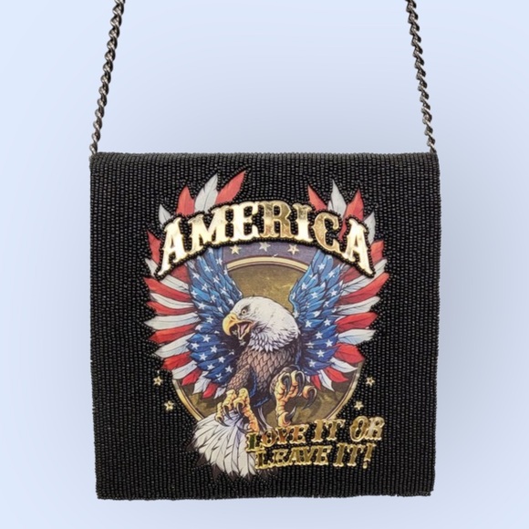Nu Shuz Handbags - RESTOK America Love It Or Leave It Street Art Intricately Handmade Beaded Clutch